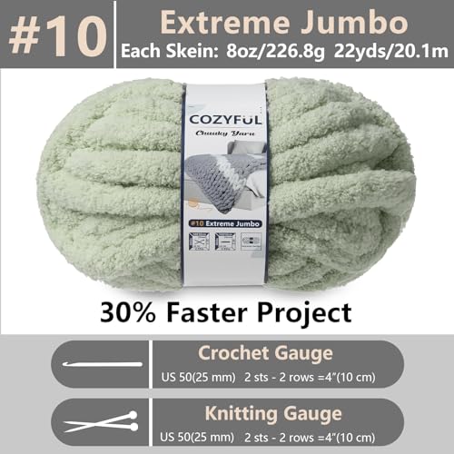 Cozyful Chunky Yarn for Hand Knitting - #10 Chunky Chenille Yarn, Jumbo Big Thick Chunky Yarns for Crocheting, Super Bulky Chunky Knit Blanket Yarns, 8 Skein (22 yds 8 oz Each Skein), Sage Green - color: Sage Green