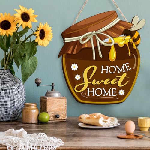 Housewarming Gifts New Home Sweet Home Decor, Welcome Sign for Front Porch, Wood Honey Pot House Warming Ornaments, Rustic Farmhouse Wall Art for Kitchen Livingroom (Brown)