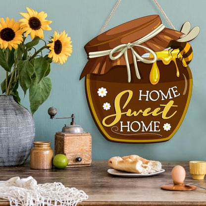 Housewarming Gifts New Home Sweet Home Decor, Welcome Sign for Front Porch, Wood Honey Pot House Warming Ornaments, Rustic Farmhouse Wall Art for Kitchen Livingroom (Brown)