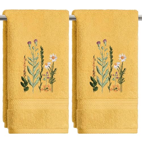 Artoid Mode 2 Pcs Yellow Wildflower Floral Embroidered Hand Towels for Bathroom, 100% Cotton Soft Absorbent Farmhouse Decor Towels, 13.7 x 29.5 Inch - color: Yellow, size: 13.7" x 29.5", 2PCS