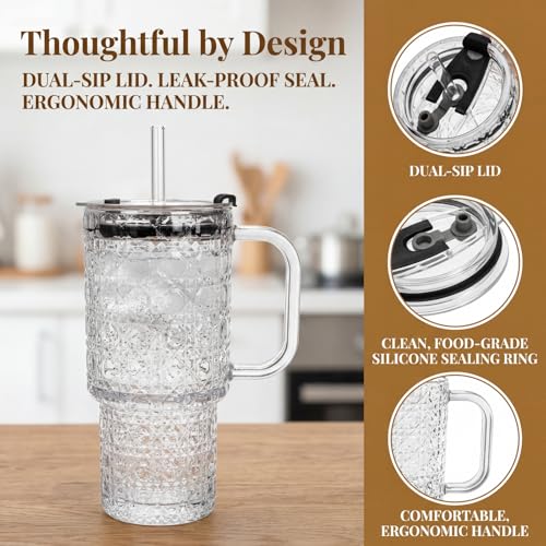 4 Pack Glass Tumblers, 17 Oz Drinking Glass Mugs | Reusable Iced Coffee Cups with Handle, Lid, Straw and Brush, Diamond Pattern Mugs for Cold Hot Beverages Smoothies