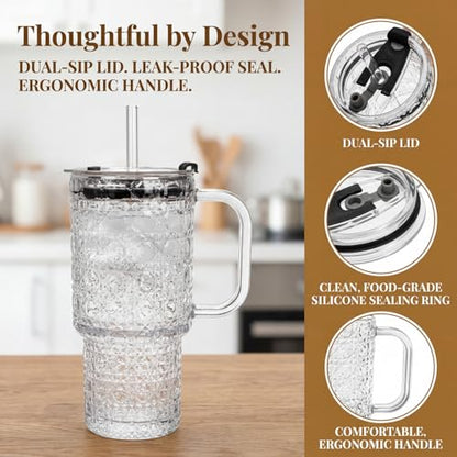 4 Pack Glass Tumblers, 17 Oz Drinking Glass Mugs | Reusable Iced Coffee Cups with Handle, Lid, Straw and Brush, Diamond Pattern Mugs for Cold Hot Beverages Smoothies