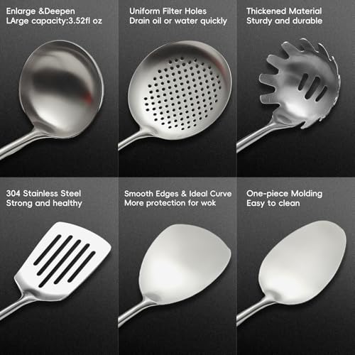 Izurok 18/10 Stainless Steel Kitchen Utensils Set,10 Piece Cooking Utensils With Wood Handle,Heat Resistant Kitchen Tool Set With Spatula,Spoon,Ladle,Skimmer,Slotted Turners,Pasta,Turner,Ladl,Fork - color: SILVER-10 Pieces, size: Small