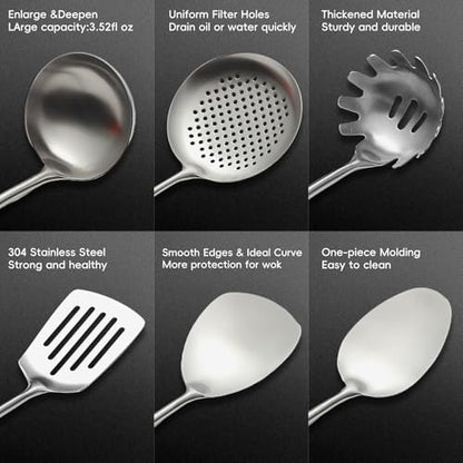Izurok 18/10 Stainless Steel Kitchen Utensils Set,10 Piece Cooking Utensils With Wood Handle,Heat Resistant Kitchen Tool Set With Spatula,Spoon,Ladle,Skimmer,Slotted Turners,Pasta,Turner,Ladl,Fork - color: SILVER-10 Pieces, size: Small