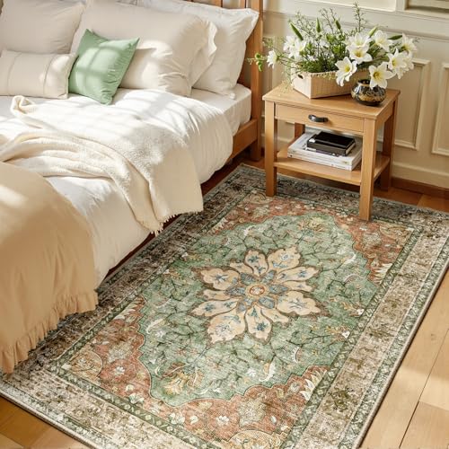 RELEANY Washable Area Rug, 3'x5', Brick/Brown/Green | Non-Slip, Water Repellent, Pet Friendly, Easy to Clean, Vintage Floral Boho Decor for Living Room Bedroom Beside Kitchen - color: Brick/Brown/Green, size: 3' X 5' (Rectangular)