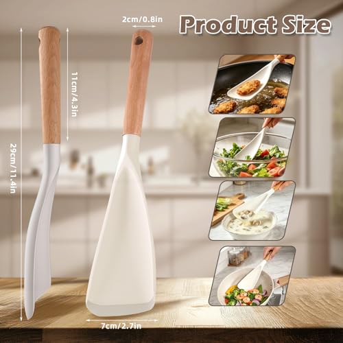 Cooking Spoon for Nonstick Cookwares, Multifunction Spatula Spoon, Great for Both Cooking and Serving, Wood Handle Spoon for Stirring, Mixing, Serving (2, WHITE) - color: White