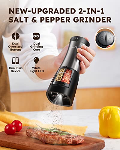 Sangcon 2-in-1 Automatic Electric Salt and Pepper Grinder with LED Light | Refillable dual 75ml chambers, 150ml capacity, one-handed buttons, adjustable coarseness, ceramic mills, battery powered - color: Battery-Operated