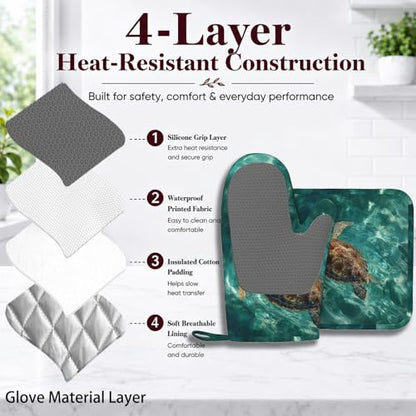 Sea Turtles Ocean Oven Mitts and Pot Holders Sets Silicone Heat Resistant Kitchen Oven Gloves Pot Holder for Cooking Baking Grilling BBQ - color: Sea Turtles Ocean