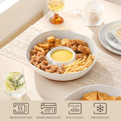 MALACASA Ceramic Chips and Dip Serving Tray, 12 Inch Dip Serving Tray | Free-Form Divided Ceramic Chips and Dip Bowls for Parties, Hosting and Entertaining, White - color: White