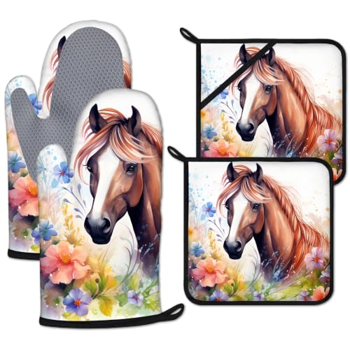 Watercolor Horse Flowers Oven Mitts and Pot Holders Sets 4 Pcs Silicone Colorful Kitchen Gloves Heat Resistant Potholders for Baking Grilling BBQ - color: Colorful Flower Horse