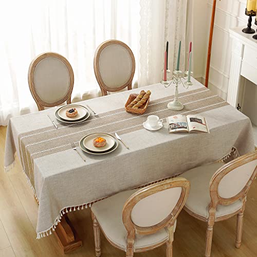 Laolitou Rustic Tablecloth Cotton Linen Waterproof Tablecloths Washable Table Cloths for Kitchen Dining,Party,Holiday,Christmas,Buffet Coffee Lines Rectangle,55''x120'',10-12 Seats - color: Coffee Lines, size: 120" x 55" (Rectangular)