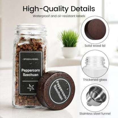 Glass Spice Jars with Grinder Lid 24 Pack 4 oz Acacia Wood | 780 Labels (Round+Square), Shaker Inserts, Funnel, Airtight Seal, Bonus Grinder Lid for Fresh Grinding - color: Brown