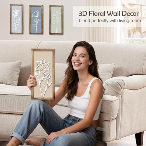 3D Wooden Floral Wall Art Decor, 4PCS 7 x 16 Inch Wood Framed Wall Art for Bathroom Living Room Bedroom Office, Rustic Farmhouse Boho Botanical Minimalist Flower Wall Hanging Decor