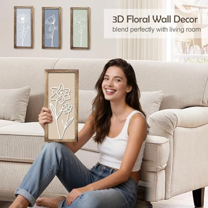 3D Wooden Floral Wall Art Decor, 4PCS 7 x 16 Inch Wood Framed Wall Art for Bathroom Living Room Bedroom Office, Rustic Farmhouse Boho Botanical Minimalist Flower Wall Hanging Decor