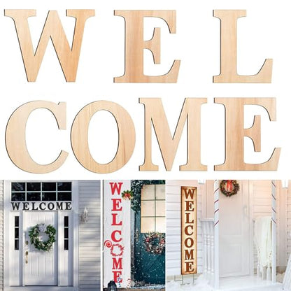 Welcome Letters, 7PCS Wood Large Letter Cutouts, Unfinished 2mm Thick Wood Sign for Wall DIY Decoration, Porch Crafts for Home Party Holiday Supplies