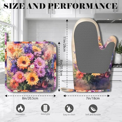 Retro Blooming Flowers Oven Mitts and Pot Holders Sets Silicone Kitchen Mitts Potholders Heat Resistant Oven Gloves Hot Pads for Kitchen Baking Cooking - color: Retro Blooming Flowers