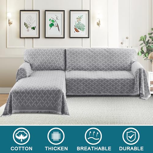 Turquoize Sectional Couch Covers L Shape Couch Cover Sectional Sofa Cover Washable 2 Pieces Blanket for Sectional Sofa Feature Geometrical Woven Jacquard Fabric (71" x 102"+63" x 110", Grey/White) - color: Grey/White, size: Small Sectional: 71" x 102"+63"