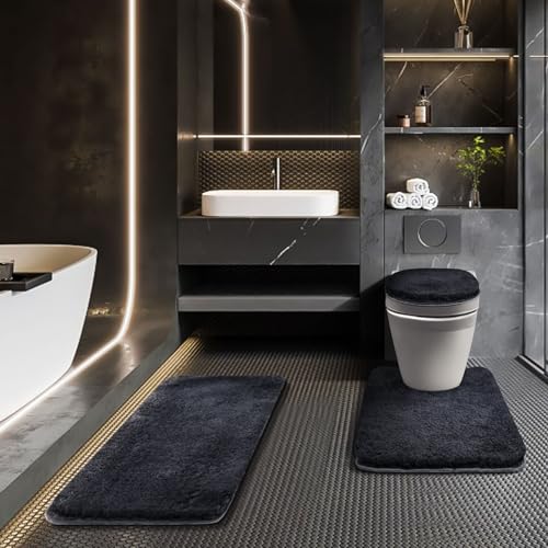 Bathroom Rugs Sets 3 Piece with Toilet Seat Cover 17.5"x 15" | Machine Washable Bath Rug Set with Tpr Non Slip Rubber Backing Solid Bath Mat Set for Luxury Bathroom Decoration - color: Dark Grey, size: 17.5" x 15"+ 32" x 20"+ U 24" x 20"