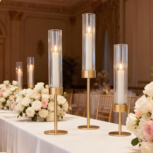 Garvee Gold Hurricane Candle Holders Set of 3, Taper Candlestick Holders with Ribbed Glass Cylinder Sleeves, Elegant Table Centerpiece for Wedding, Birthday, Christmas, Home Decor - size: 3
