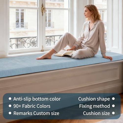 Bay Window Cushion, Bench Cushions Chenille Herringbone Fabric for Indoor Furniture, Mudroom, Reading Nook, Kitchen Dining Room, Breakfast Nook, 75D High-Resilience Foam, Non Slip Bottom - color: [Herringbone Weave] Far Mountain Blue