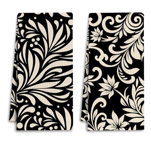 Abstract Black and White Kitchen Towels, Art Deco Nouveau Floral Dish Tea Towels for Kitchen, Vintage Baroque Botanical Decorative Hand Towel for Bathroom, 16x24 Inch Set of 2 - color: Abstract