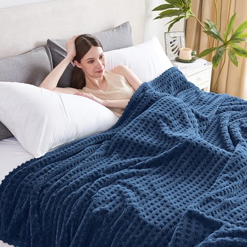 Soft Cozy Fuzzy Fleece Queen Size Blanket, Waffle Navy Blue, 90x90 Inches – Lightweight, Fluffy, and Warm 3D Jacquard All-Season Blanket for Bed, Couch, Sofa, Camping, and Travel - color: Waffle Navy Blue, size: Queen (90" x 90")