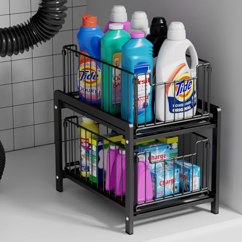 2-Tier Pull Out Cabinet Organizer, Slide Out Under Sink Organizer | Metal Cabinet Baskets with Mesh Sliding Drawer for Home, Office, Bathroom, Kitchen, Pantry Storage Shelf, Large Black - color: Black