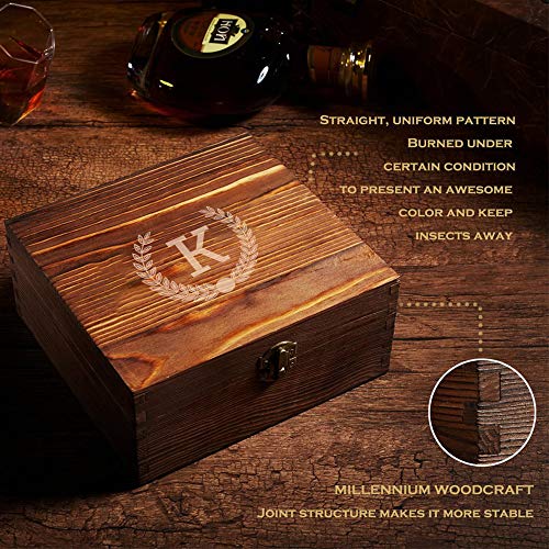 Personalized Whiskey Glasses Set in Wooden Gift Box - Includes 4 Scotch Glasses, 4 Natural Slate Coasters, 8 Chilling Stones & Tongs - Great Mens Home Bar Gift for Him, Husband, Dad