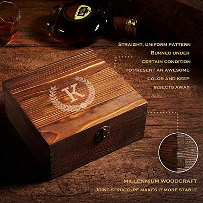 Personalized Whiskey Glasses Set in Wooden Gift Box - Includes 4 Scotch Glasses, 4 Natural Slate Coasters, 8 Chilling Stones & Tongs - Great Mens Home Bar Gift for Him, Husband, Dad