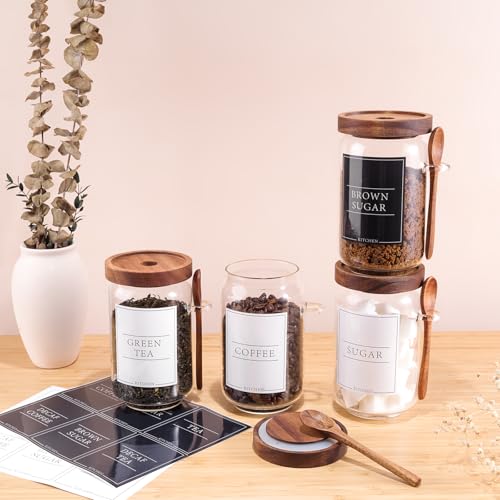 KOSKIMER Coffee and Sugar Container Set, Glass Coffee Jars with Wooden Lids | Decorative Sugar Tea Creamer Canisters for Kitchen Countertop, Small Sugar Container with Spoon for Coffee Bar (25oz)