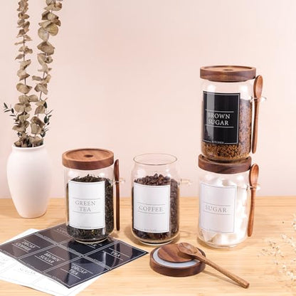 KOSKIMER Coffee and Sugar Container Set, Glass Coffee Jars with Wooden Lids | Decorative Sugar Tea Creamer Canisters for Kitchen Countertop, Small Sugar Container with Spoon for Coffee Bar (25oz)