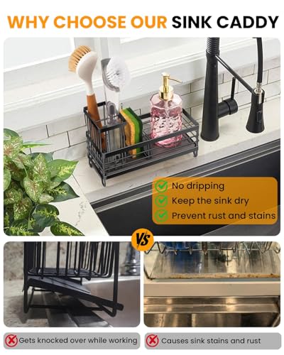 Kitchen Sink Caddy with 2 Water Absorbent Diatomite Stone Sink Tray, | Fast Drying Sink Organizer with High Dish Brush Holder, Sponge Holder for Kitchen Sink, for Countertop, Stainless Steel