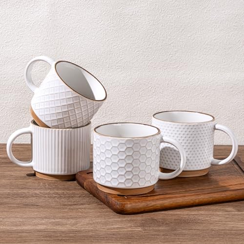 GBhome 15 OZ Stackable Coffee Mugs Set of 4, Ceramic Coffee Cups Set | 4 Assorted Designs, Embossed Mugs with Texture Patterns for Tea/Coffee, Dishwasher&Microwave Safe, Off White - color: Off-White, size: 15 Ounces