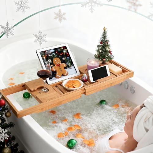 Utoplike Bamboo Bathtub Caddy Tray for Tub, Adjustable Bath Table | Bathroom Organizer with Book Tablet, Wine Glass Cup, Towel Holder - color: Natural