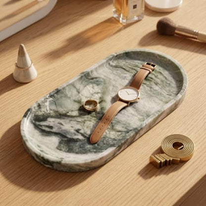 YKAJO Shangri-la Green Oval Marble Tray, 11.8x5.9 Vanity Perfume Organizer | Honed natural stone; jewelry & trinket dish, ring & key holder, soap & candle catchall; bath counter, dresser, coffee table - color: Shangri-la Green, size: 11.8" x 5.9" x 0.6"