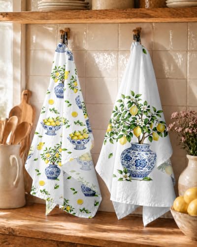 Flour Sack Kitchen Towels Set of 2, 18x26 Inch, Lemon Vase | 150GSM Cotton, Lint-Free, Quick Dry, Hanging Loop, Lightweight Tea Towels, French Home Decor, Chinoiserie, Housewarming Gift - color: Lemon Vase