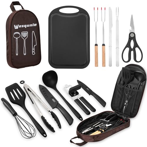 Camping Essentials Cookware Cooking Utensils Set - Portable Camp Kitchen Mess Kit Outdoor Accessories, Stainless Steel & Silicone, Camping Gear Equipment for RV Picnic Grill, Brown | Stainless Steel & Silicone Mess Kit, Durable Outdoor Kitchen Gear for Hi