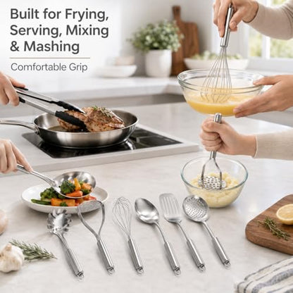 Pleafind Cooking Utensils Set - 9 PCS Stainless Steel Kitchen Utensils Set with Utensil Holder, Heat Resistant Wok Utensils Set, Kitchen Tools Set with Spatula, Ladle, Slotted Spoon, Dishwasher Safe - color: 9P-Silver