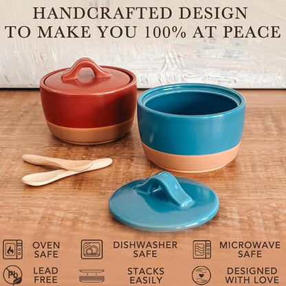 Mora Ceramic Salt and Pepper Cellar Set with Lid - 10 oz Modern Canister/Container/Bowl for Storage, Sea Salt, Spice, Sugar, Countertop - Small Dish/Jar with Wood Spoon, Azure Blue & Crimson Red Crock - color: Azure Blue & Crimson Red