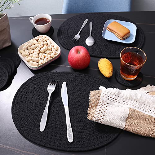 Oval Woven Placemats Set of 4, Rattan Placemats 12x16 Inch Cotton Wicker Placemats Farmhouse Boho Circle Braided Heat Resistant Outdoor Placemats Patio Table Place Mats (Black) - color: Black, size: Oval Set of 4
