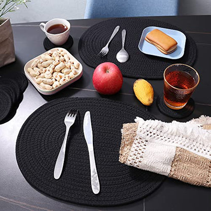 Oval Woven Placemats Set of 4, Rattan Placemats 12x16 Inch Cotton Wicker Placemats Farmhouse Boho Circle Braided Heat Resistant Outdoor Placemats Patio Table Place Mats (Black) - color: Black, size: Oval Set of 4