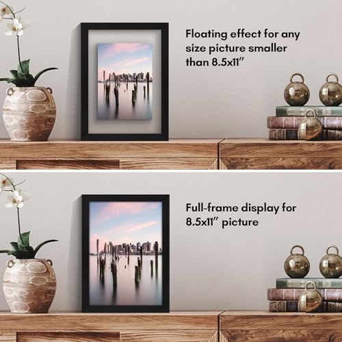Americanflat 8.5x11 Floating Picture Frame with Polished Crystal-Clear Glass - Use as 5x7 Picture Frame or Display 4x6 Photo - Signature Float Collection - Photo Frames for Wall Display - Black