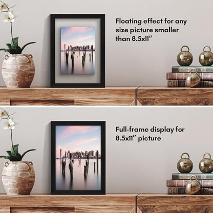 Americanflat 8.5x11 Floating Picture Frame with Polished Crystal-Clear Glass - Use as 5x7 Picture Frame or Display 4x6 Photo - Signature Float Collection - Photo Frames for Wall Display - Black
