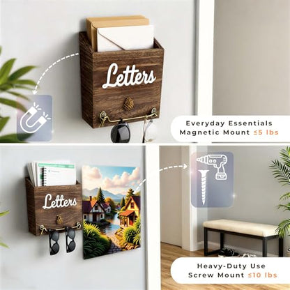 eBun Narrow Wood Mail Holder | Wall Mount, No-Drill Magnetic, Vertical Letter Slot, Entryway Decor - color: 1-pack Letters No Key Holder