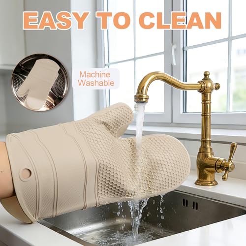 YUTAT Silicone Oven Mitts,Heat Resistant 2PCS Oven Mitts with Soft Polyester Filling,Perfect for Baking and Cooking,Khaki - color: Khaki-honeycomb Surface, size: 13“L x 7"W-2 Piece