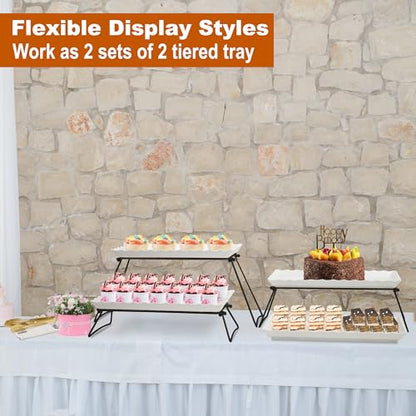 KAQAHIDO Extra Large 4 Tier Serving Tray Set, 34x22x10 inch Wave Edge Melamine Dessert Table Display Set, Tiered Trays Stand for Party Buffet Entertaining, Black and White - color: Black