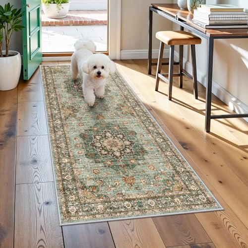 Washable 2x5 Hallway Runner Rug: Vintage Floral Water Resistant Kitchen Rug | Ultra Soft Entryway Bedroom Carpet with Non Slip Backing Indoor Thin Low Pile Floor Mat for Bathroom Dining Room (2X5,Green) - color: Green, size: 2' x 5' (Rectangular)