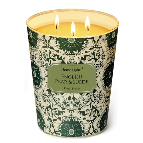 HomeLights Soy Wax Candles for Home Scented, 3-Wick Candles in English Pear & Suede Scented, Bohemian Natural Textures Aromatherapy Candles Gift for Parties, Relaxing, 34oz - color: English Pear & Suede, size: 34oz 3-wick