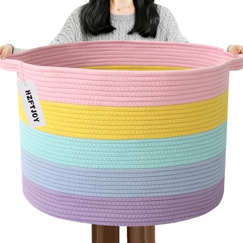 65L Large Blanket Basket,Woven Rope Laundry Basket-Colorful | Collapsible, reinforced handles, nursery storage bin organizes clothes, toys and pillows for living room, bedroom bathroom - color: Colorful, size: 19.7"L x 19.7"W x 13"H(65L)