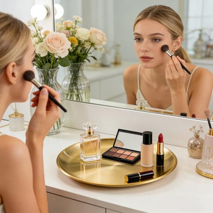 6 Pcs 12 Inch Round Gold Tray - Large Gold Tray Decorative Serving Bar Dish Key Bowl Mirror Dresser Vanity Tray for Jewelry Makeup Organizer, Bathroom, Candle, Perfume, Countertop